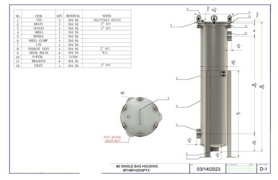 62KG Construction Works 304 Stainless Steel Bag Filter Housing Dual Side or Bottom 2 Inch NPT Outlet 150 psi